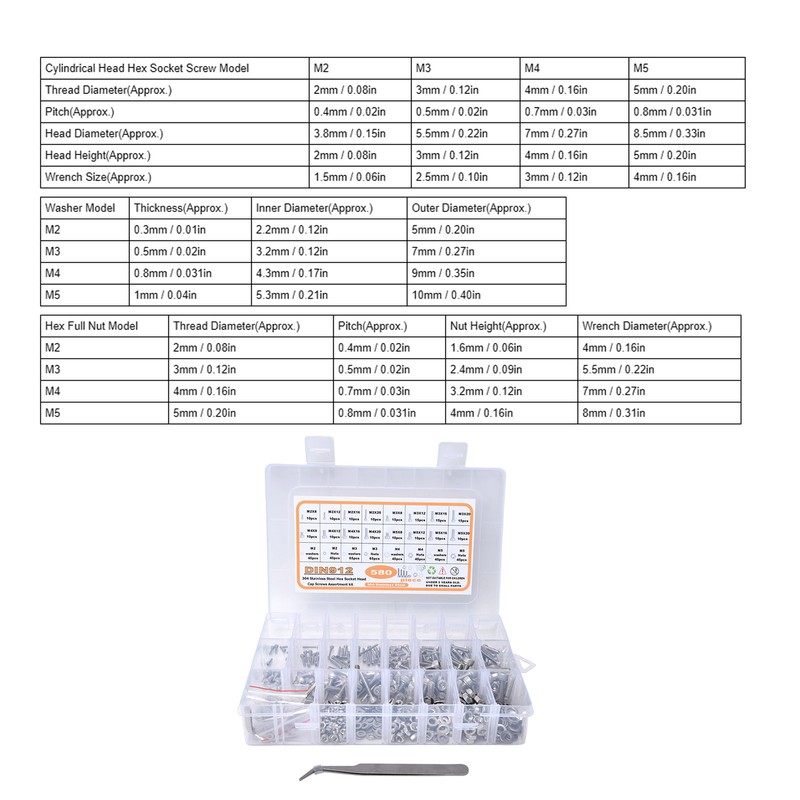 580Pcs Screws Nuts Washers Kit 304 Stainless Steel Cylindrical Head