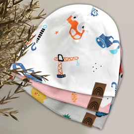 fenchi's AUSTRIA Children's Beanie Hat with Cute Motifs and Gift Packaging, Rainbow Leather Label, Cotton, White_Construction Site