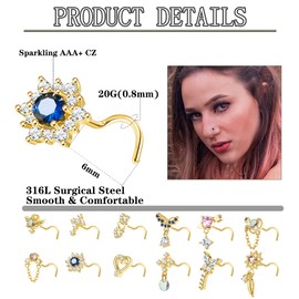 FIBO STEEL 12 PCS 20G Nose Ring Dangle Nose Rings L Shaped Nose Studs For Women Stainless Steel CZ Heart Nose Ring Corkscrew Star Nose Piercing Screw Gold Plated