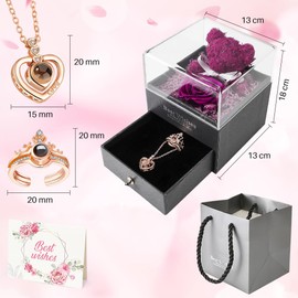 Nasjac Flor Rosa Eterna, Regalo para Mujer, Anillo Collar con "I Love You" en 100 Idiomas, Oso Rosas Flores Conservada, Regalo para San Valentín, Regalo de Mamá, Tarjeta de Felicitación, Caja Regalo