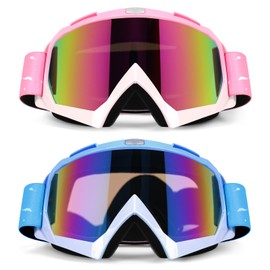 Jeemeele Motorcycle Goggles, 2-Pack Dirt Bike ATV Riding Off-Road Ski Goggles UV Anti-Fog Windproof Dustproof for Men & Women(Pink+Blue/Colorful Lens)