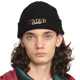 UNDERCONTROL Unique Sports Logo Plain Embroidery Unisex Winter Trawler Cuffed Rollup Fisherman Beanie Knit Skullcap Korea (Black)