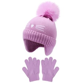 Girls Winter Hat and Gloves Set, Kids Cat Embroidered Knit Beanie with Earflaps Fleece Lined Pom Pom Ski Cap for 2-10Y(Purple,5-10 Years)