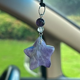 CASONA Purple Crystal Star Car Charm,Rearview Mirror Dangling Accessories,Boho Car Hanging Ornament with Moon Bead,Spiritual Purple Decor for Women