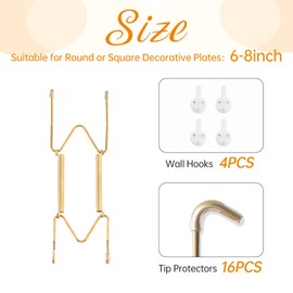 4 Pack Plate Hangers for The Wall, Suitable for 6-8 inch Art Plate, Stainless Steel Invisible Heavy Duty Wire Plate Holder with Wall Hooks, Plate Hangers for Displaying Plates, Platter, Dish, Gold