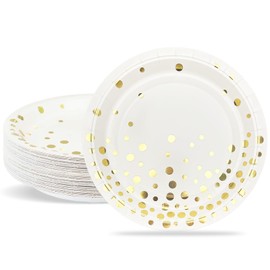 ZVK Paper Plates, Party Plates, Gold Foil Plate Set, 23 cm Party Tableware Set, White with Gold Print, Dotted 24 Pieces Paper Plates for Anniversary, Valentine's Day, Wedding, Wedding Party