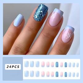Christmas Short Square Press on Nails French Tip Fake Nails Full Cover Stick on Nails with Glitter Design Snowflake Acrylic False Nails Holiday Glue on Nails Xmas Nail Decoration for Women Girls 24Pcs