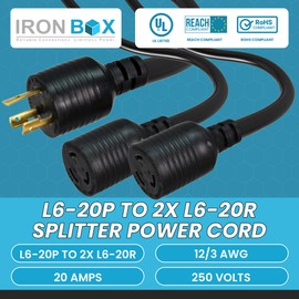 IronBox Electric - L6-20P to 2X L6-20R Splitter Power Cord - Rated for 20A/250V - 12/3 AWG - Cable with 1x L6-20 Plug to 2X L6-20R Connectors - Ideal for Industrial & Commercial Use (4ft + 2ft Legs)