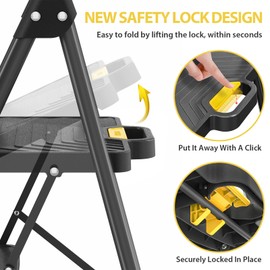 KINGRACK 3 Step Ladder, Sturdy Steel Step Stool with Anti-Slip Wide Pedals, Handrail, Safe-Lock Design, Pass 800lbs Load Testing, Folding Portable Ladder for Multi-Purpose, Home, Kitchen, Black