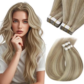 Sunny Hair Tape in Hair Extensions Real Human Hair Invisible Remy Hair Extensions Tape ins for Women Lightest Brown Highlight Platinum Blonde 22 inch 20Pcs 50G