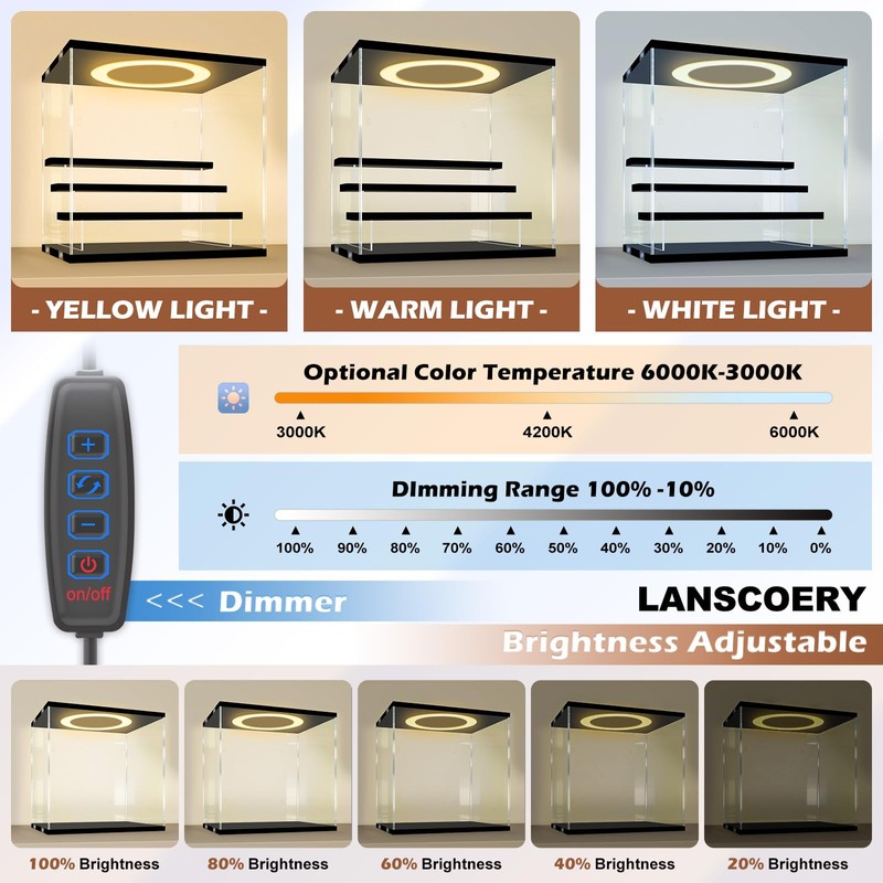 LANSCOERY Acrylic Display Case, Wall Mounted Lighted, 5 Tier, Black