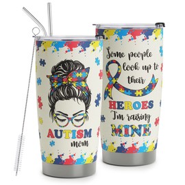 HOMISBES - Taza de viaje con pajita para mamá para autismo - Tazas de acero inoxidable para mamá guerrero, mamá autista, 20 onzas