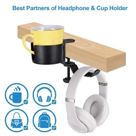 Bortivier Desk Drink Holder 2 in 1 Desk Drink Holder with Headphone Hanger for Desk or Table (Black)