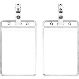 KINGSUM 2 Pack Waterproof Vertical ID Badge Holder Vertical Clear PVC Name Holder Tags with Badge Clip Straps (2 Pack,)