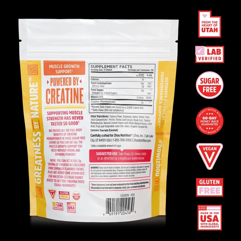 Creatine Monohydrate Chews for Adults – 5g Workout Support with
