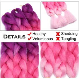 Benehair Ombre Braiding Hair 24inch 1 Bundle Jumbo Braiding Hair Extensions High Temperature Synthetic Braid Hair Crochet Braiding Hair Braid in Hair Extensions (Purple+Rose Red+Pink)