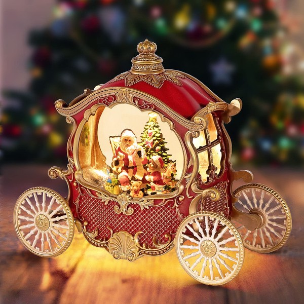 Christmas Snow Globes,Christmas Carriage Snow Globe with 8 Music & Timer, Battery Or USB Cable Powered Operated Glittering for Christmas Table Centerpiece Decoration.Gift- Santa,Christmas Tree