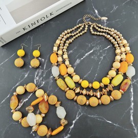 Bocar 3 Layer Chunky Statement Beaded Necklace Earrings Bracelet Set, Fashion Multi Layer Women Collar Necklace Jewelry Set, Standard, Acrylic, No Gemstone