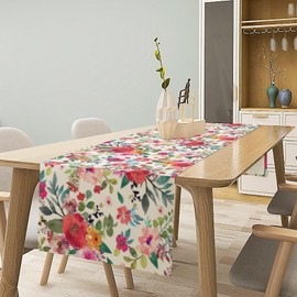 Houselerax Wildflower Table Runner ，Spring Watercolor Floral Botanical Kitchen Dining Table Decor Flower Butterfly Table Cover for Wedding Indoor Outdoor, 13 x 36 Inch