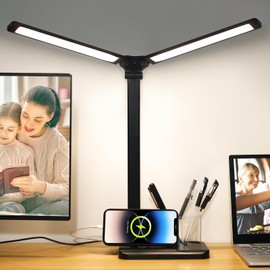 Qooltek Touch Control LED Desk Lamp, Table Lamp with 5 Color Modes Dimmable Brightness for Home Office, Dual Swing Arm USB Charging Port Desk Light, Eye-Caring Reading Light with Pen Holder, Black