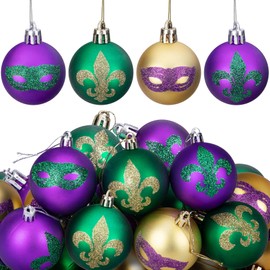 Deloky 24 PCS Mardi Gras Hanging Ball Ornaments-1.57 Inch Mardi Gras Shatterproof Ball-Purple Green Gold Tree Ornaments for Mardi Gras New Orleans Masquerade Party Decoration