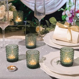 Green Votive Candle Holder Set of 12, Flower Tea Lights Candles Holders for Wedding Table Decor, Birthday Parties, Vintage Home Decor, Bridal Shower and Holiday Decorations