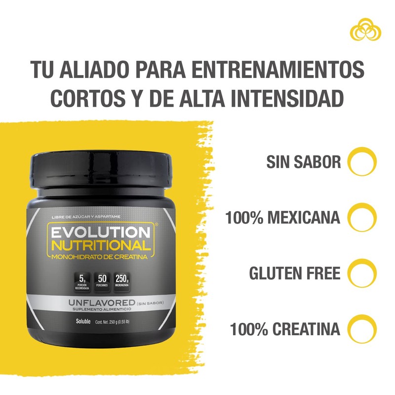 EVOLUTION, Monohidrato de Creatina, Suplemento Alimenticio, Creatina Monohidratada, Sin Gluten,