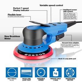 Electric 5mm Random Orbital Sander, Brushless 350W Low Vibration Orbital Sander, 6Inch Backing Pad, 7 Variable Speed (4000-10000RPM), Handheld Sanders for Surface Refinish, Woodworking, Cord 5M