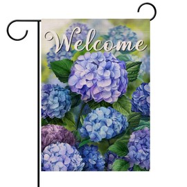 Hzppyz Welcome Spring Floral Flowers Garden Flag Double Sided, Hydrangea Decorative Yard Outdoor Home Small Decor, Summer Farmhouse Burlap Outside House Decoration 12 x 18