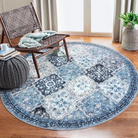 KILOCOCO Moroccan Super Soft Round Rug 5Ft, Blue/Multi Washable Kitchen Rug Non-Slip Soft Circle Rug, Blue Entryway Rugs Abstract Print Faux Wool Doormat for Dining Room Bedroom