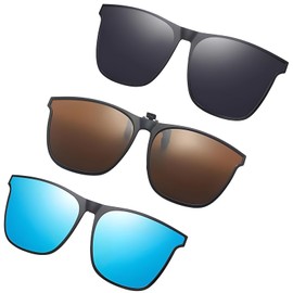 PceGan Sunglasses Attachment Glasses, Pack of 3 Clip On Sunglasses, Sunglasses Clip for Glasses, Polarised Clip on Sunglasses for Night Driving Glasses, Travel and Outdoor Activities, Black, brown
