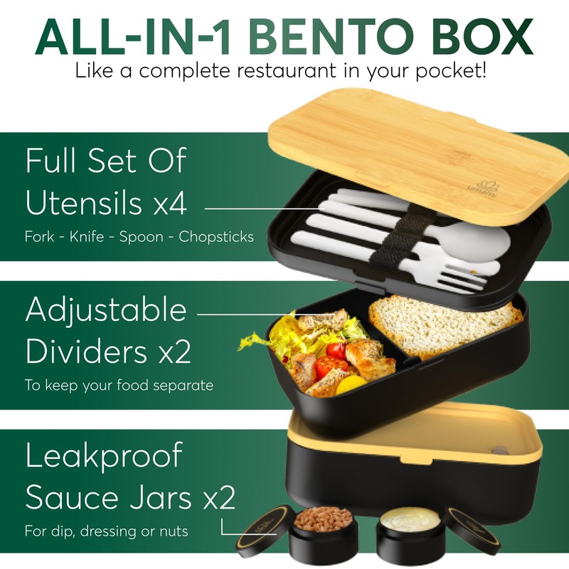 Umami Bento Box Adult All-In-1 w/4 Utensils, 2 Sauce Jars