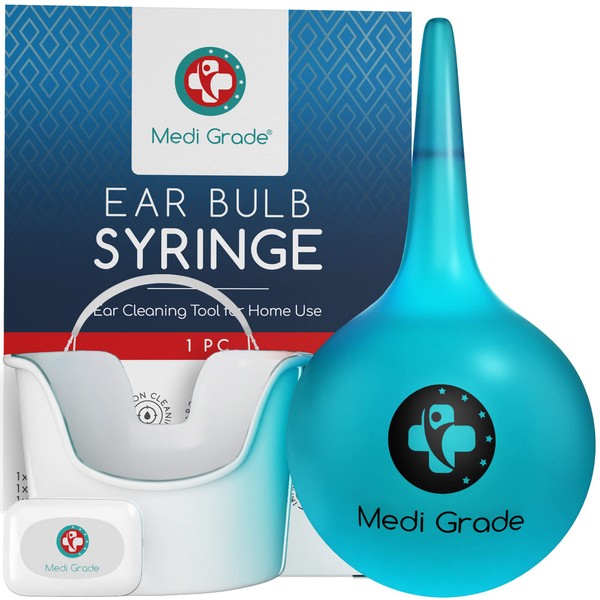 Ear Syringe Kit for Removing Ear Wax [200 ml] Ear Syringe Kit With Rubber Ear Bulb, Basin, Towel & Bag By Medi Grade - Ear Cleaning Kit With Easy-Squeeze, Soft & Transparent Earwax Remover Tool