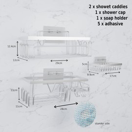 4-Pack Stainless Steel Shower Caddy, Adhesive Rustproof Shelves Rack with Soap & Razor Holder, Large Capacity Bathroom Organizers & Storage, No Drilling Wall-Mounted Kitchen & Bath Decor, (Silver)