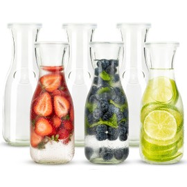 Glass Carafe Pitchers, by Kook, Mini Carafes- set of 6, Beverage Dispensers, Clear Jugs For Mimosas, Water, Wine, Milk and Juice, with Plastic Lids, Dishwasher Safe 17.3 oz