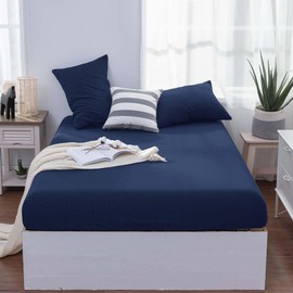 Oxford Homeware Navy Double Fitted Sheet –100% Organic Cotton 30 Cm Deep Pocket Jersey Bed Sheets, Soft Breathable Easy Care Fitted Sheets – Shrinkage and Fade Resistance (137x190)