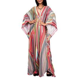 Bsubseach Women Rainbow Striped Bathing Suit Cover Ups Kaftan Batwing Sleeve Plus Size Beach Maxi Caftan Dresses