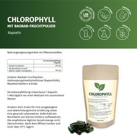 Chlorophyll 270 Kapseln - Pflanzenkraft aus Maulbeerblättern und Baobab-Fruchtpulver - Vitalstoff-Formel für Balance und Wohlbefinden, ohne Zusatzstoffe, laborgeprüft, vegan. (270 stück (1er Pack))