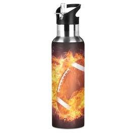 Burning Football Water Bottle Kids Thermos Bottle with Straw Lid Kids Insulated Stainless Steel Water Flask Leakproof Thermos Bottle for Gym Outdoor 20 oz