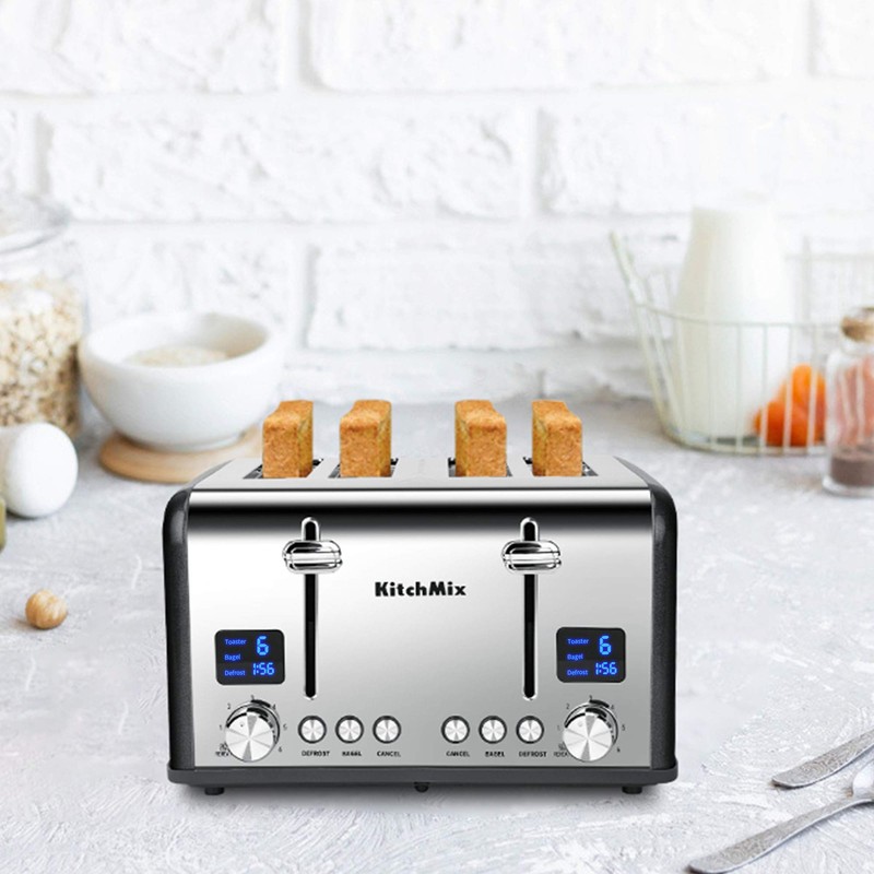 KitchMix Toaster 4 Slice, Bagel Stainless Toaster with LCD Timer,