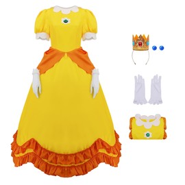 Princess Dress for Women Princess Daisy Cosplay Yellow Costume Fancy Dress with Crown Earrings Gloves