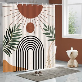 GiuMsi - Juego de cortinas de ducha estilo bohemio, diseño de arco solar, patrón de hojas minimalistas, tela impermeable, 12 ganchos (beige, 72 x 84)