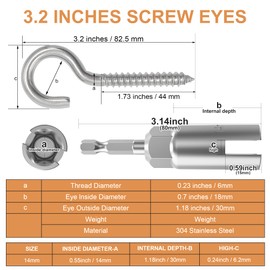 304 Stainless Steel Screw-in Hooks, Heavy-Duty Eye Hooks for Wood, Christmas Lighting (14 pcs + 1/4" Hex Shank Wing Nut Driver)