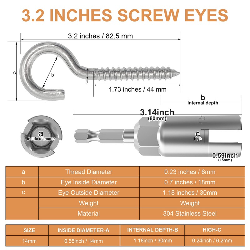 304 Stainless Steel Screw-in Hooks, Heavy-Duty Eye Hooks for Wood,
