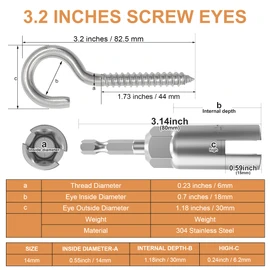 304 Stainless Steel Screw-in Hooks, Heavy-Duty Eye Hooks for Wood, Christmas Lighting (14 pcs + 1/4" Hex Shank Wing Nut Driver)