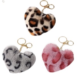 3 x Pom Pom Style Animal Leopard Print Fluffy Furry Keychains | 3 Styles Included - Classic - Grey - Pink | Soft Cute Colourful Keyring | Plush Faux Fur | Heart Shape | Can be attached to Keys or Bag