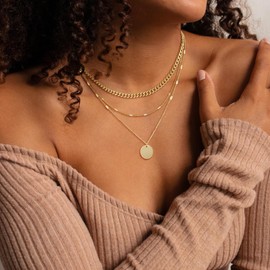 Vceoa Gold Layered Necklace for Women 14K Gold Plated Cuban Link Chain Necklace Gold Coin Pendant Necklace Set for Women Non Tarnish Gold Necklace (3pcs-A)