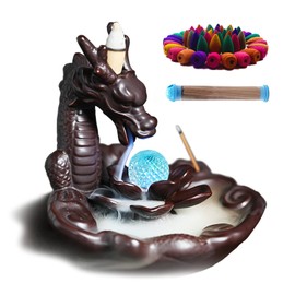 Dragon Incense Waterfall Burner with Multicolour Crystal Ball Ceramic Backflow Incense Holder Set Includes 45 Incense Cones and 50 Sandalwood Sticks