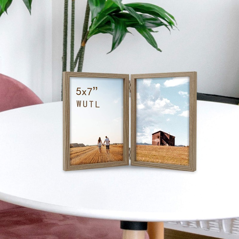 5x7 Double Picture Frames Hinged Wood Grain with Real Glass