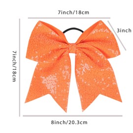 2 PCS 7" Large Glitter Cheer Bows Sequin Cheer Hair Bow Ties with Elastic Shiny Hair Bows Ponytail Holder Handmade for Cheerleader Girls Softball Sports Hair Accessories for Teens Kids(Orange)